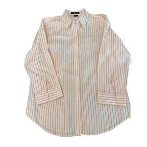 Chaps Womens Medium Orange White Striped Button Down Shirt Cotton Long Sleeve